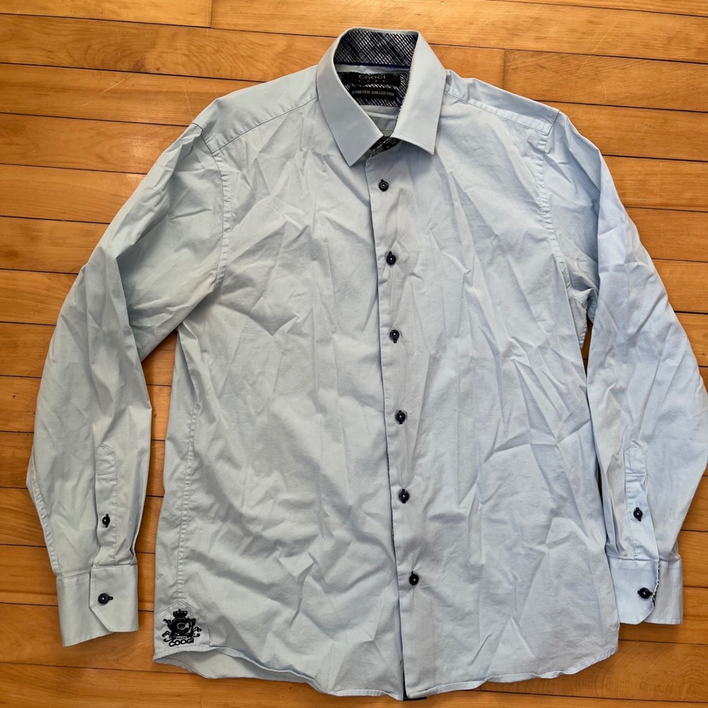 Coogi Luxe Stretch Collection Men Large Light Blue Long Sleeve Button Down Shirt